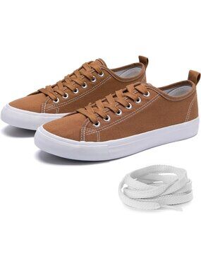 Women's Brown Canvas Shoes Lightweight Extra Laces Low Top Lace-Up Sneakers